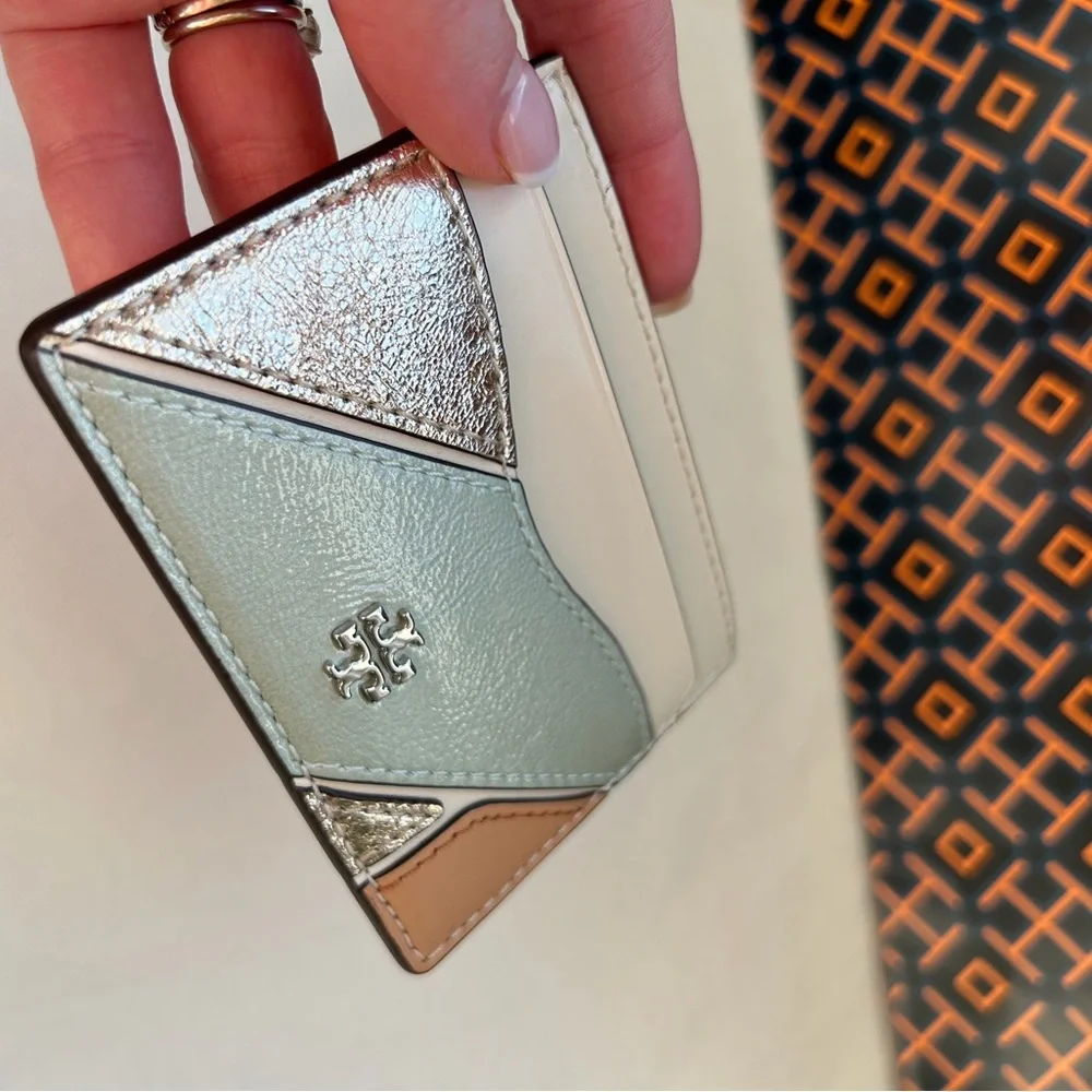 Tory Burch Emerson Color Block Slim Card Case Mint Drop Silver Light Cream